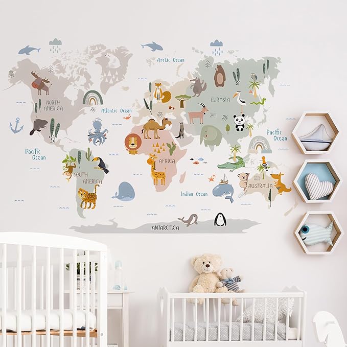 Animal World Map Wall Decals Jungle Animal Wall Stickers Forest Wild Animals Elephant Monkey Wall Art Vinyl DIY Removable Peel and Stick for Kids Boys Bedroom Nursery Classroom Home Decoration