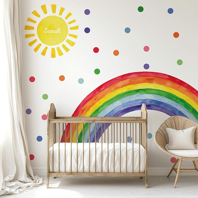 Watercolor Rainbow, Sun, Polka Dots Wall Decal for Kids Room, Nursery, Baby Room Decor, Polka Dots Mural, Rainbow Wallpaper (Vibrant Rainbow, XLarge)