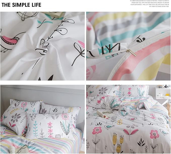 HighBuy Floral Printed Bedding Set Queen Duvet Cover Girls Cotton Comforter Cover Garden Aesthetic Reversible Striped Bedding Sets 3 Piece Queen Bed Boho Comforter Cover Duvet Cover Set