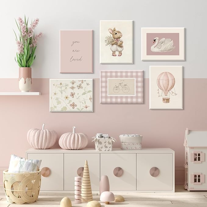 Pink Nursery Wall Art Baby Girl Canvas Wall Decor Vintage Poster Bunny Flower Wall Art Antique Preppy Pictures Animal Floral Prints Kids Swans Painting for Girls Room Bedroom 12x16x6 Inch Framed