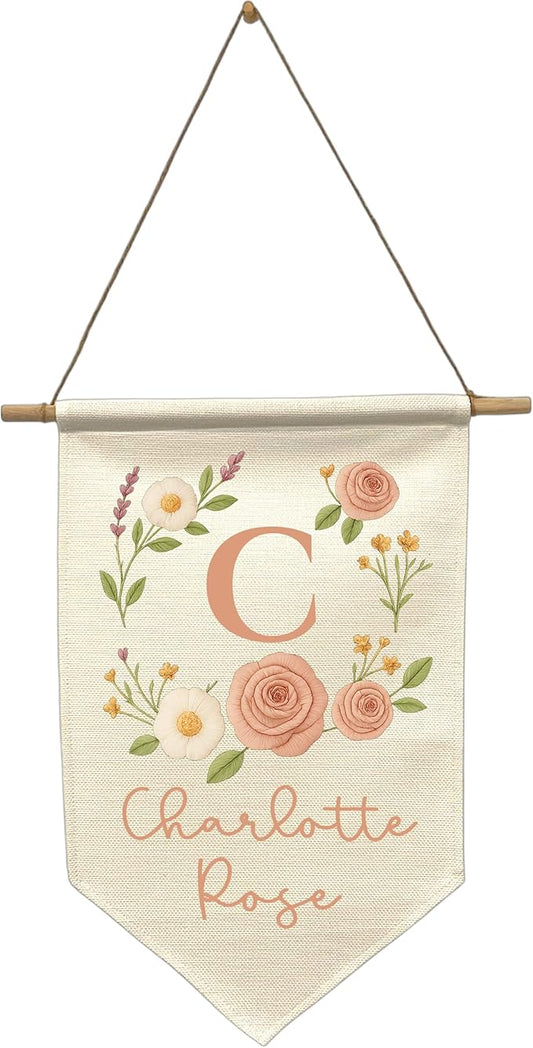 Custom Name Banner Faux Embroidery Nursery Wall Hanging - Boho Baby Girl Room Decor – Kids’ Name Sign for Nursery, Bedroom, or Playroom (Peach Flowers)