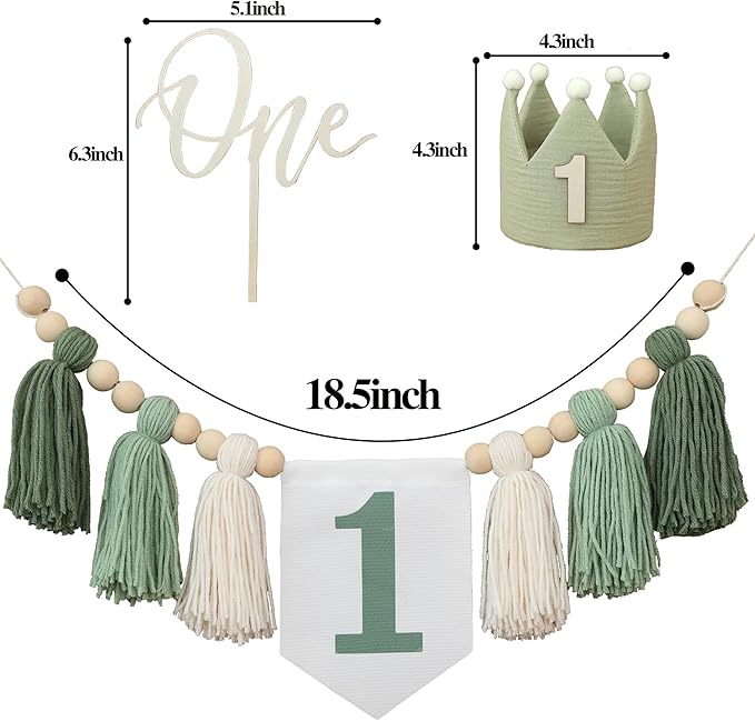 Wild One High Chair Banner For 1st Birthday Party Boy Decorations With Green Tassel Garland Crown Hat Cake Topper