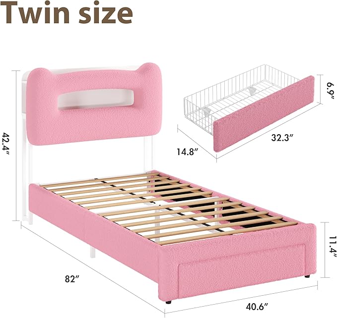 GarveeHome LED Twin Bed Frame with 2-Tier Storage Headboard, Upholstered Platform Bed with Charging Station and Drawer for Kids/Girls/Boys, Heavy Duty Metal Support, No Box Spring Needed, Pink