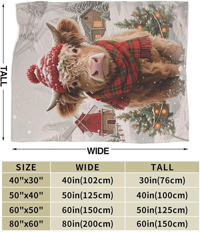 Highland Cow Blanket Christmas Cattle Throw Blanket Winter Snow Soft Cozy Fleece Fuzzy Stuffed Plush Farm Animal Flannel Gifts for Girls Women Boys Kids Adults 60"X80"