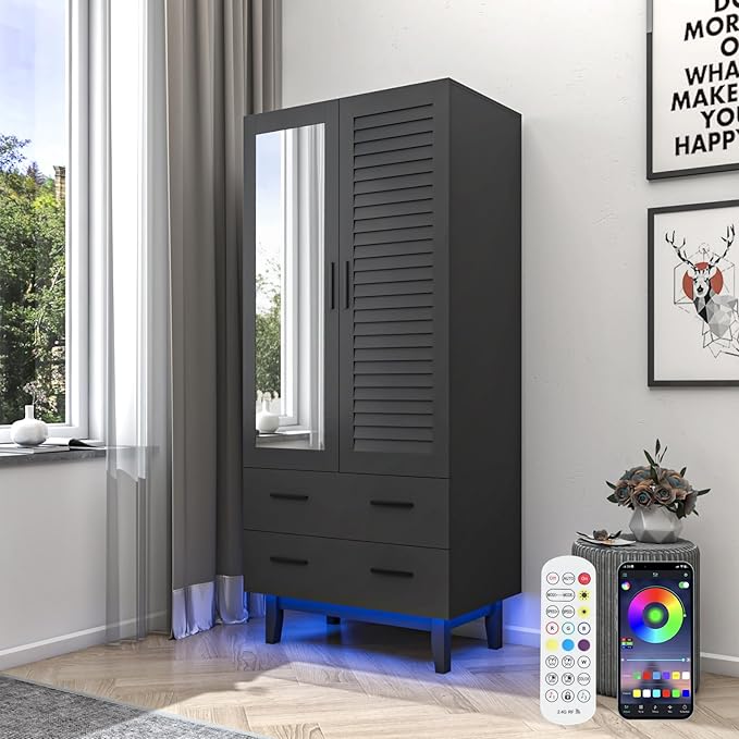 2 Door Armoire Wardrobe Closet Cabinet with Mirror, Drawers and LED Lights, Multi-Tier Shelves, Hanging Rod & 2 Louver Doors, Large Capacity Storage Wardrobe Armoire for Bedroom, Black