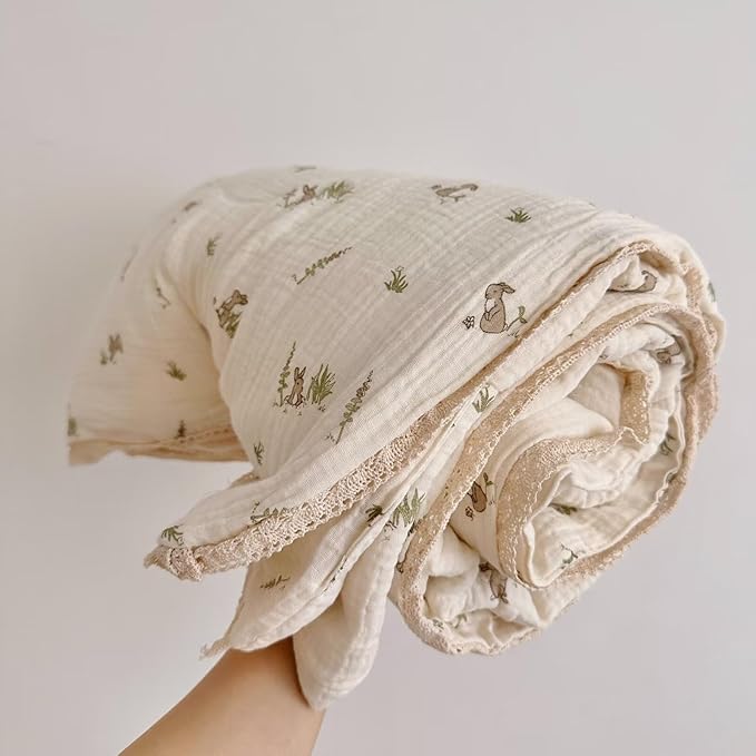 BuLuTu Cartoon Bunny Gauze Toddler Quilt Kids Blankets for Girls Boys, Soft Breathable Cotton Muslin Kids Comforter Quilted Blanket with Cute Rabbit Pattern, 47"x59", No Pillow