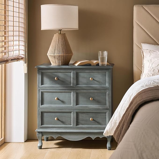 HULALA HOME 3-Drawer Nightstand with Charging Station, Drawer Organizer with Wood Legs, Farmhouse Solid Wood Nightstand(Blue)