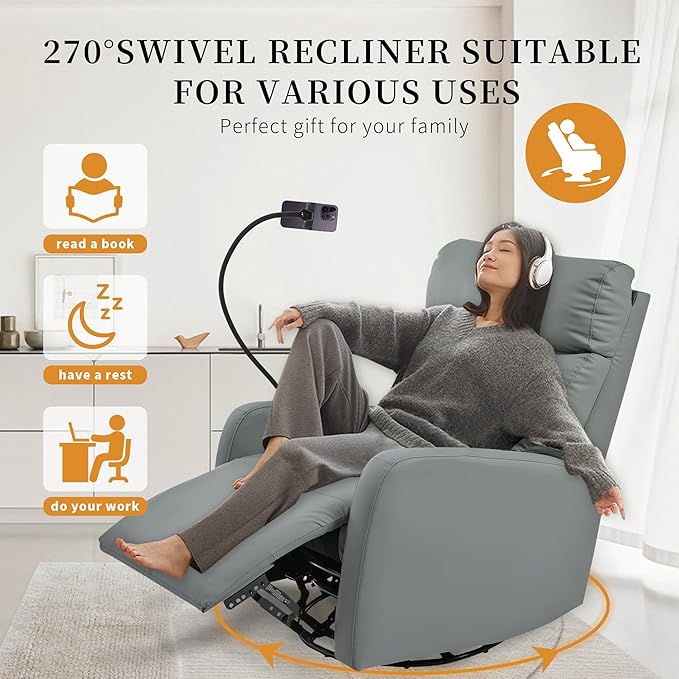 Power Swivel Rocker Recliner Chair for Nursery, Upholstered 270° Swivel Glider Chair with Phone Holder, USB Ports, Power Recliners for Small Spaces Living Room, Grey