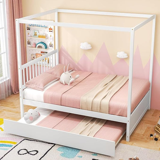 KOMFOTT Full Bed with Trundle, Solid Wood Canopy Bed Frame with Headboard, Modern Space Saving Full Bed with Twin Trundle Bed, No Box Spring Needed, Canopy Bed Frame