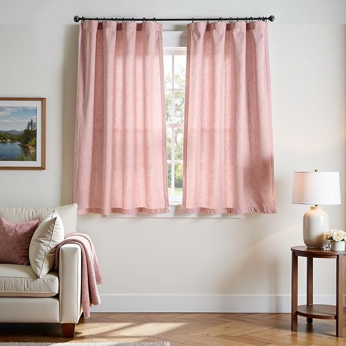 jinchan Pink Linen Blend Curtains 63 inch Length 2 Panels for Bedroom Living Room, Semi Sheer 50 inch Wide Farmhouse Cottage Core Style Drapes with Rod Pocket Back Tab(50W x 63L, Pink)