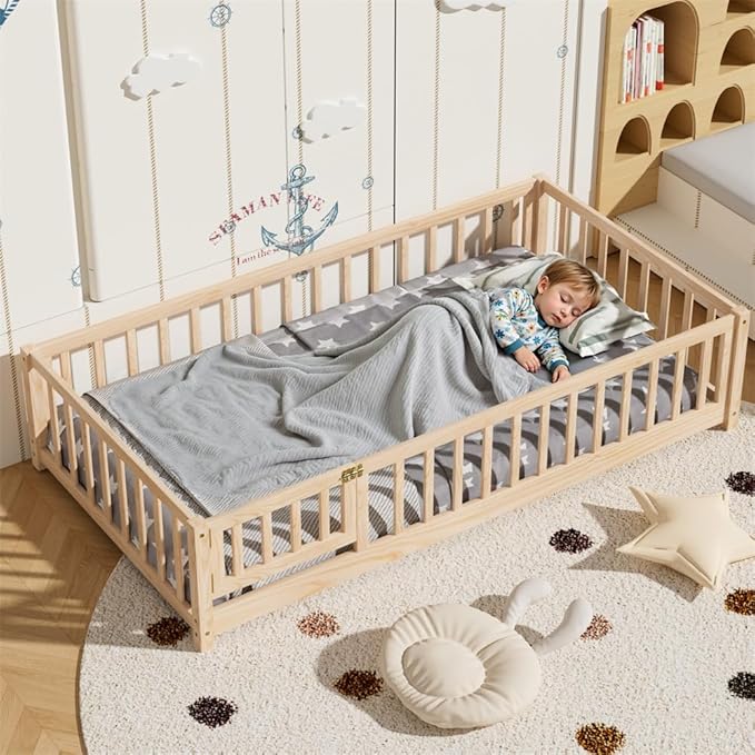i-POOK Twin Floor Bed for Children, Sturdy Wood Montessori Bed Frame with Wood Slats, Fence & Door, Montessori Floor Bed for Girls and Boys, Natural