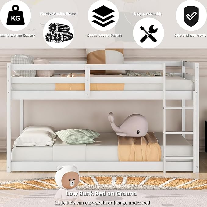 Merax Solid Wood Low Bunk Bed Frame for Kids/Toddlers/Junior, with Built-in Ladder, High Guardrail and Slats, Floor Bed Bottom Bunk, No Box Spring Needed, for Small Spaces, Twin-Over-Twin, White