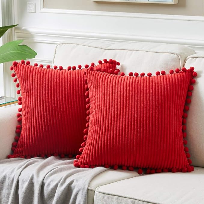 Fancy Homi Pack of 2 Red Decorative Throw Pillow Covers with Pom-poms 18 x18, Soft Corduroy Solid Square Cushion Cases Set for Couch Sofa Bedroom Car Living Room (18x18 Inch/45x45 cm, Red)