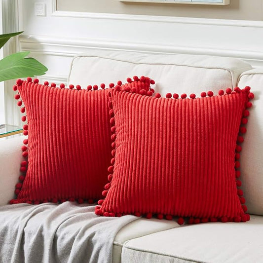 Fancy Homi Pack of 2 Red Decorative Throw Pillow Covers with Pom-poms 18 x18, Soft Corduroy Solid Square Cushion Cases Set for Couch Sofa Bedroom Car Living Room (18x18 Inch/45x45 cm, Red)
