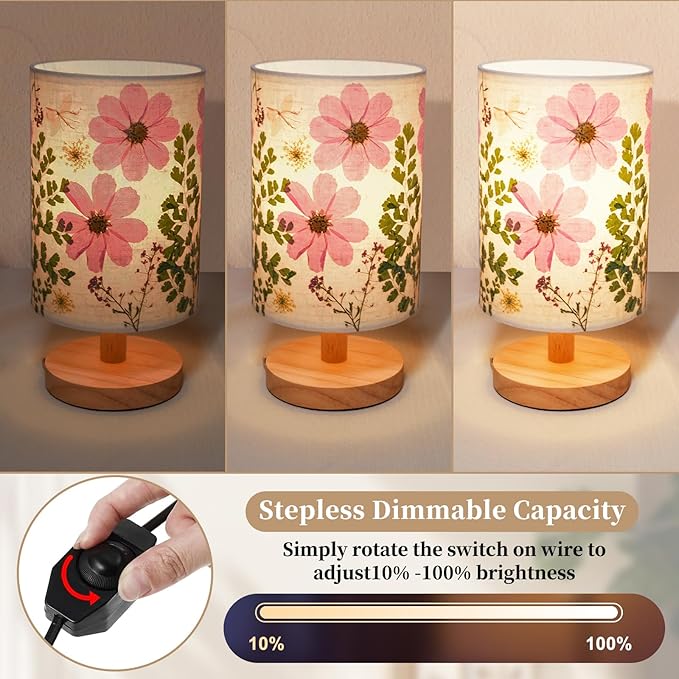 Dried Flowers Small Table Lamp 9W LED Dimmable Warm Light Pressed Flower Bedside Lamp Linen Shade with Wood Base for Bedroom Living Room Desk Nursery