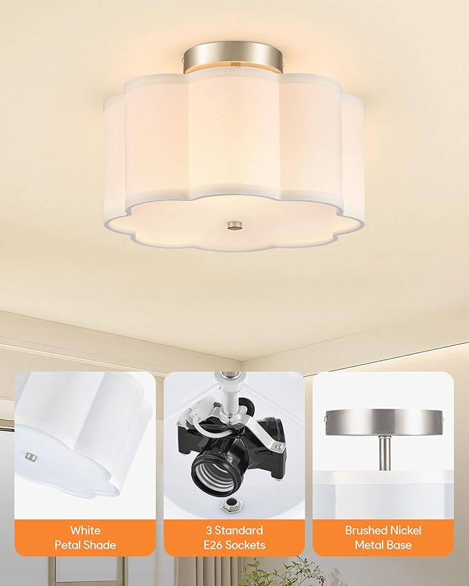 VONLUCE Semi-Flush Mount Ceiling Light, 12.6" Modern 3-Light Ceiling Light Fixture with White Petal-Shaped Shade 3 E26 Sockets for Bedroom Entryway Living Room, Nickel Finish, ETL Certificated