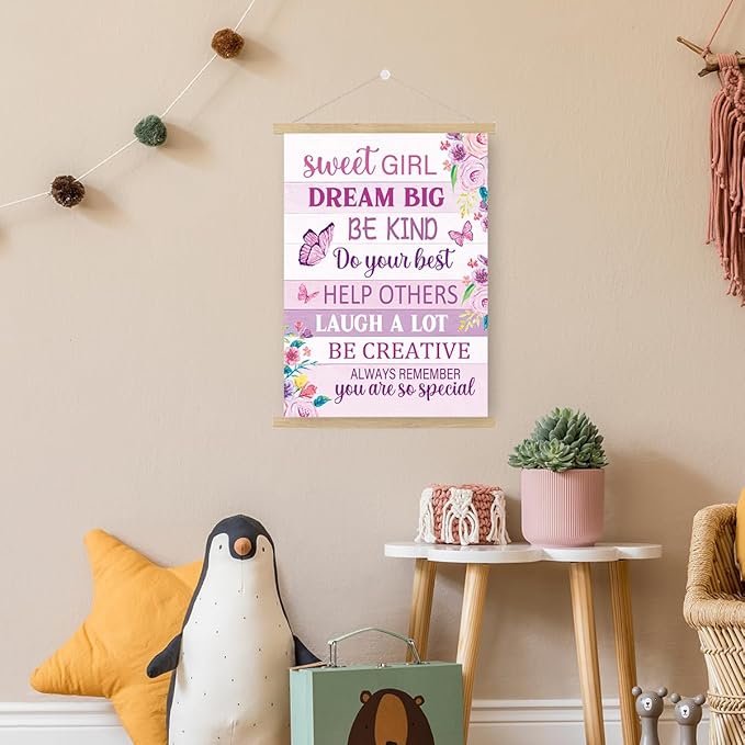 Qswo Positive Affirmations Wall Decor for Girls,Sweet Girl Dream Big Pink Wall Art Poster Hanger Frame,Inspirational Hanging Canvas Wall Decor for Girls Room Dorm Nursery