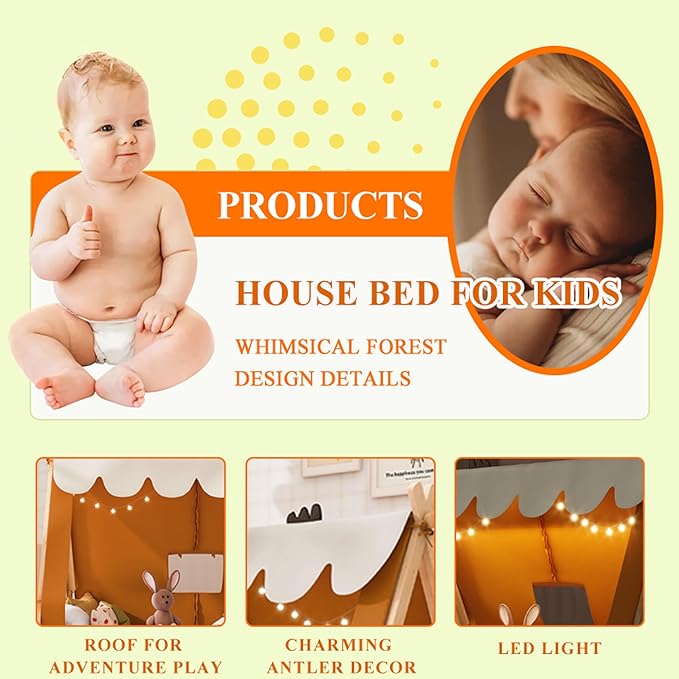 Twin House Bed for Kids with Light and Tent, Montessori Floor Bed Twin for Kids Girls Boys Teens Bedroom, Brown