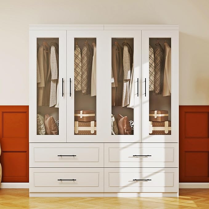 Armoire Wardrobe Closet with Glass Door: White 4 Glass Door Wood Wardrobe Closet with 4 Drawer Wooden Bedroom Armoire with Hanging Rods for Home/Bedroom/Living Room