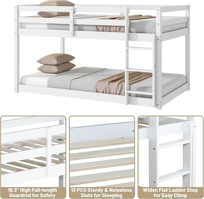 Bunk Bed Twin Over Twin, Wood Low Profile Floor Twin Bunk Beds with Ladder Guardrails for Kids Boys and Girls, No Box Spring Needed