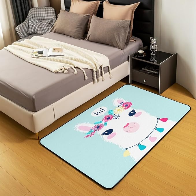 Cute Cartoon Llama Decorative Carpet Living Room Rugs for Bedroom Rugs Teal Llama Alpaca Decor Extra Soft Rugs for Living Room Bedroom Room Machine Washable Rugs