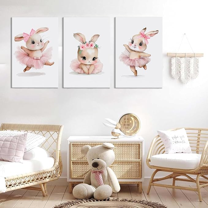 3 Pcs Pink Bunny Wall Art for Nursery Baby Room Cute Posters Prints Wall Decor Pictures Pink Preppy Dress Rabbit Ballet Artwork Canvas Paintings for Girls Room Bedroom Hone Decoration Unframed