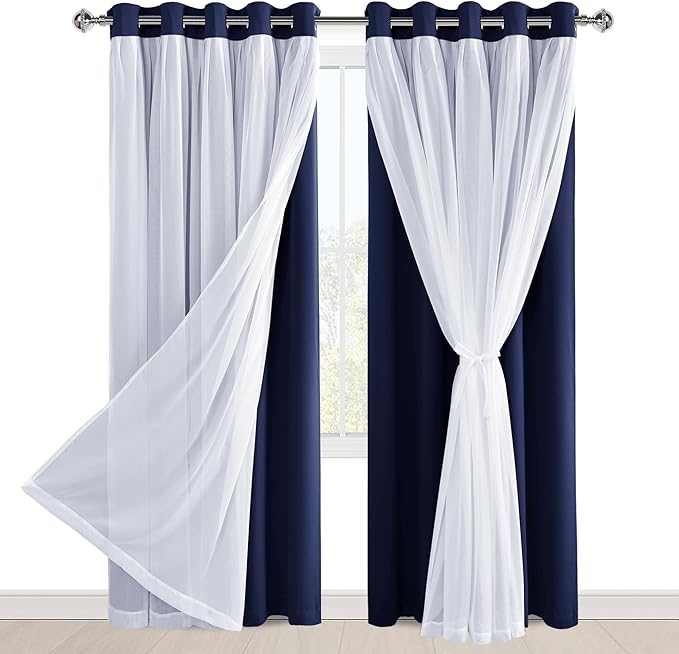 Hiasan Blackout Curtains with Sheer Overlay 84 Inches Long, Thermal Insulated Mix & Match Double Layer Window Curtains for Bedroom, Living Room, Nursery, 2 Panels with Tiebacks, Navy Blue, 60W X 84L