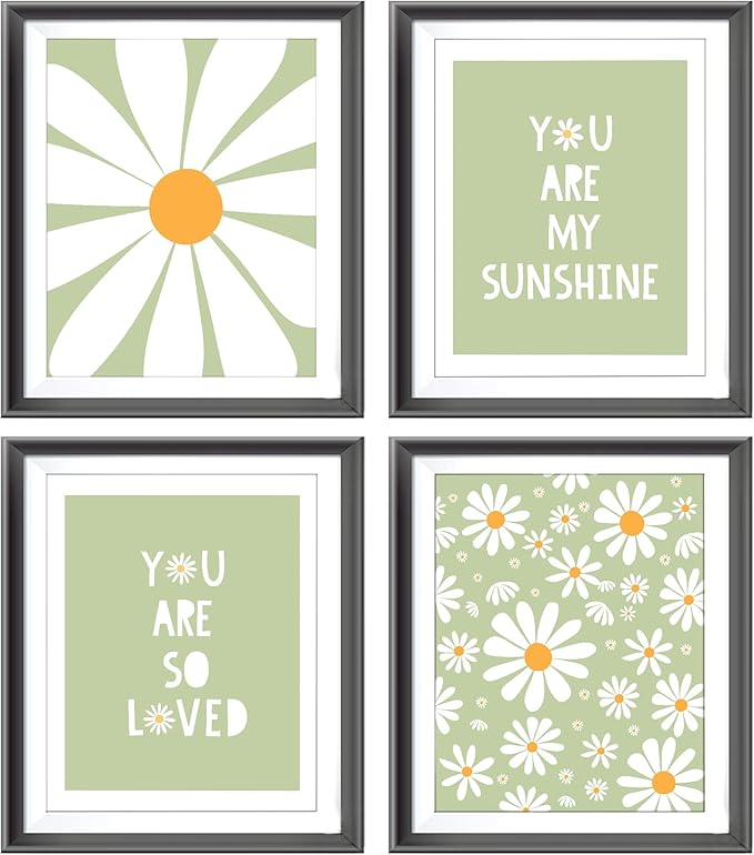 AEHIE Boho Daisy Flower Decor Print, 'You Are My Sunshine' Poster for Baby Girls Room Nursery, Bohemian Spring Aesthetic Floral Wall Art, 4pcs