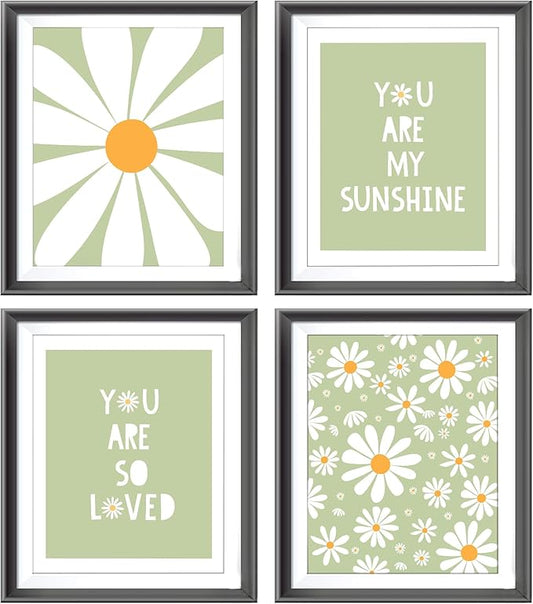 AEHIE Boho Daisy Flower Decor Print, 'You Are My Sunshine' Poster for Baby Girls Room Nursery, Bohemian Spring Aesthetic Floral Wall Art, 4pcs