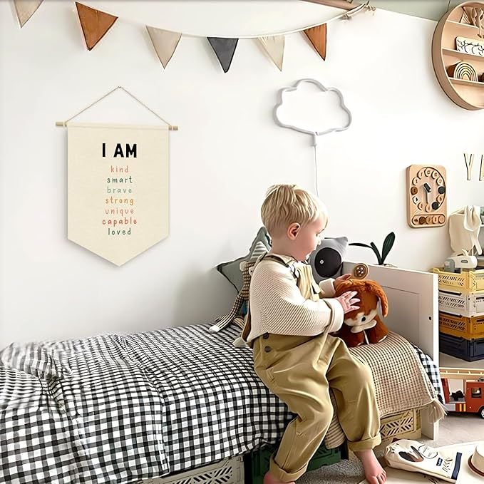 Affirmations Wall Hanging Art for Kids, Nursery Decor, I am Enough, Classroom Decor Canvas Banner, I am Kind Smart Loved, Kids Affirmations Nursery Wall Art Canvas Hanging Pennant Flag Banner