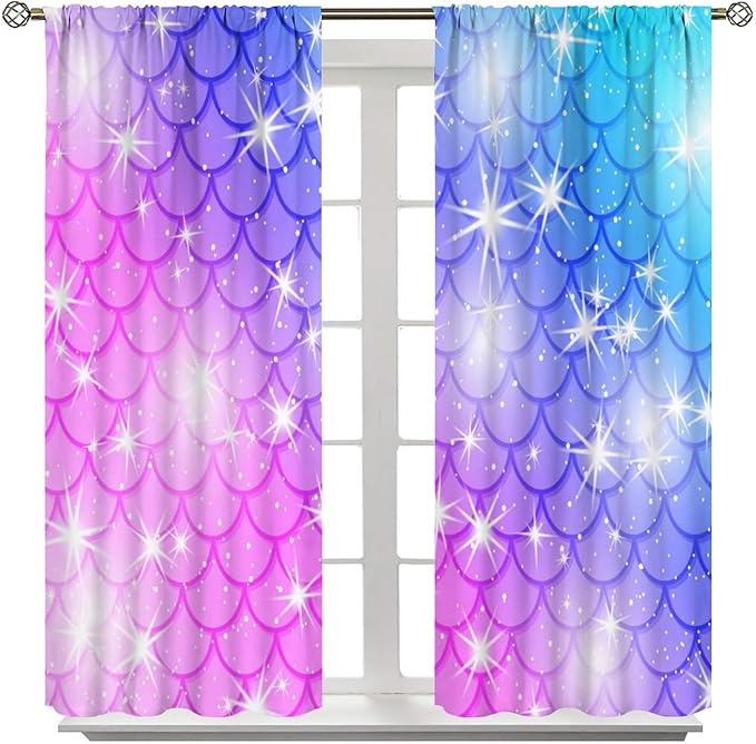 Mermaid Blackout Curtains, Kids Cartoon Blue and Pink Ocean Mermaid Scale Pattern Decoration for Girls Bedroom Nursery Curtains 63x72 Inch