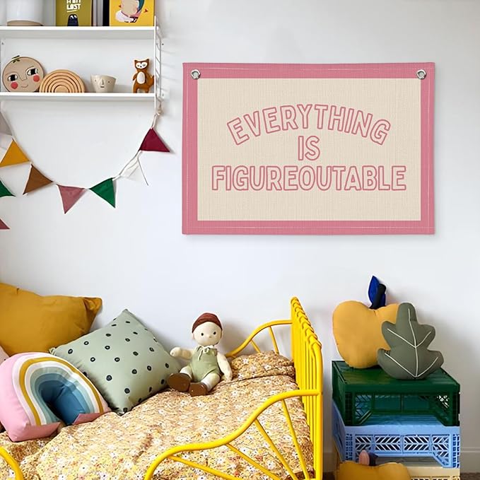 Everything is Figureoutable Inspirational Wall Decor, Motivational Classroom Wall Decor, Classroom Linen Canvas Banner Hanging Flag, 20x30 Inch - Pink Border