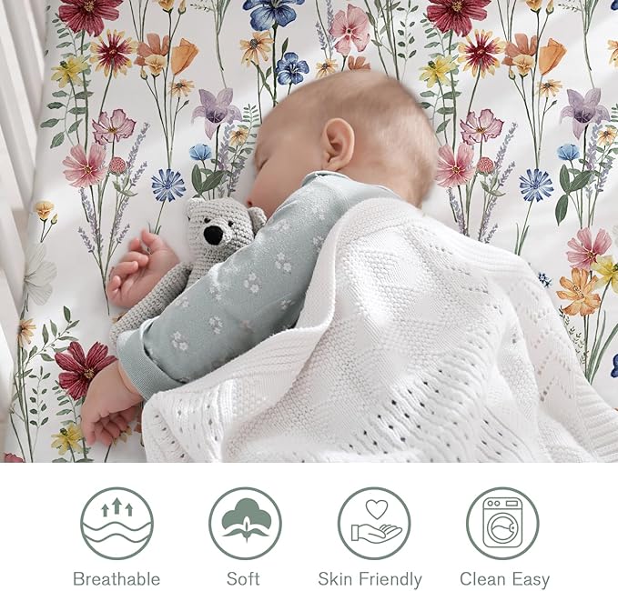 Little Grape Land Crib Sheets 4 Pack for Boys and Girls, Baby Neutral Crib Fitted Sheets for Standard Crib & Toddler Mattress, Super Soft Breathable Fitted Crib Sheet Set, Wildflower & Leaves