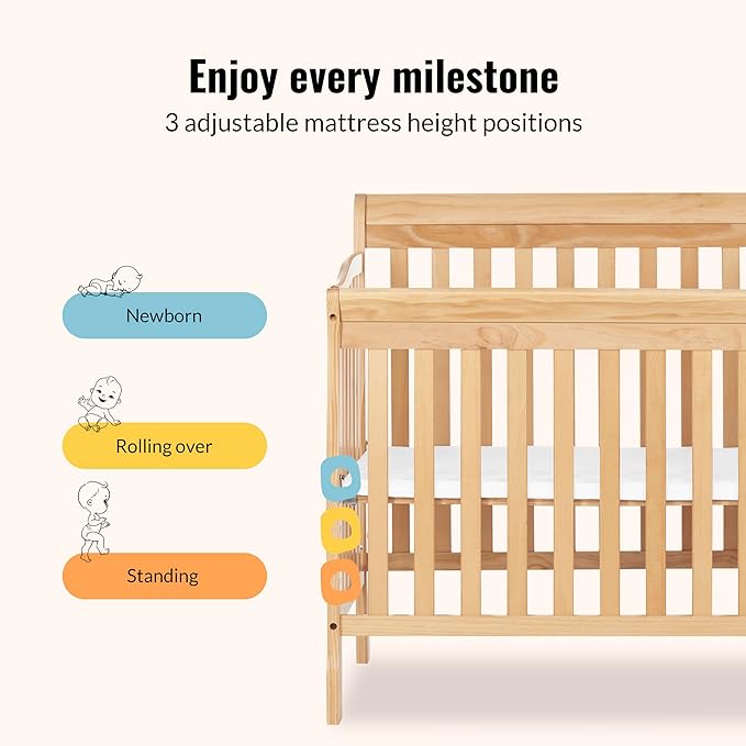 Dream On Me Jayden 4-in-1 Mini Convertible Crib And Changer in Natural, Greenguard Gold Certified, Non-Toxic Finish, New Zealand Pinewood, 1" Mattress Pad