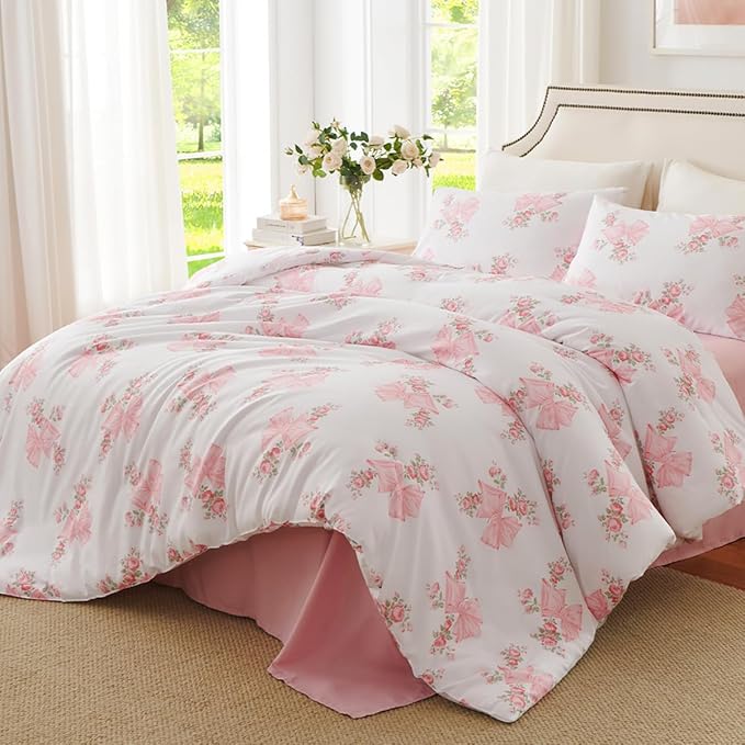 Pink Bow Duvet Cover Twin 2Pcs Pink Floral Bedding Set for Girls Kids,Cute Princess Style Bowknot Bedding,Ultra Soft Garden Flower Bedding with 1 Pillowcase(No Comforter)