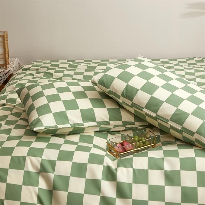 Houseri Sage Plaid Duvet Cover King Size Set - White, Light Green, Beige Grid, Checkerboard, Buffalo Plaid, Gingham