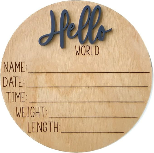 Hello World Newborn Sign, Baby Announcement Sign, Birth Announcement Sign, Hello World Nursery Sign, Baby Hospital Sign, Photo Prop for baby girl boy - (Navy Blue)