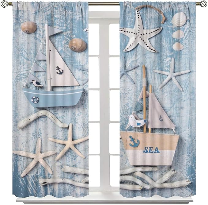 Nautical Curtain,Navy Anchor Sailing Map Starfish Seashells Bedroom Curtain,Waterproof Washable Fabric for Bedroom Decor Set 2 Panels,55x63 Inches