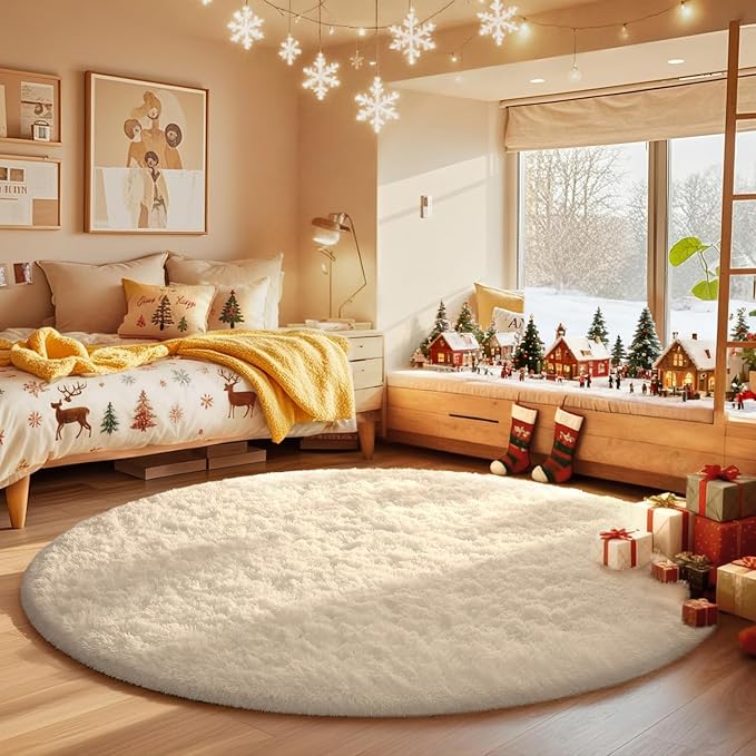 Ophanie Round Rugs 5Ft Ivory Circle Area Rug, Aesthetic Room Decor, Christmas Nursery Bedroom Carpet, Fluffy Fuzzy Plush Soft Shaggy Cream Living Room Rugs for Kids Home