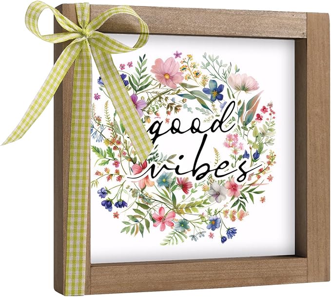 Wooden Good Vibes Sign with Wreath, 6 Inch Positive Inspirational Office Decor for Women Desk, Rustic Farmhouse Indoor Cubicle Table Shelf Dorm Room Flower Wall Art Aesthetic Home Decorations