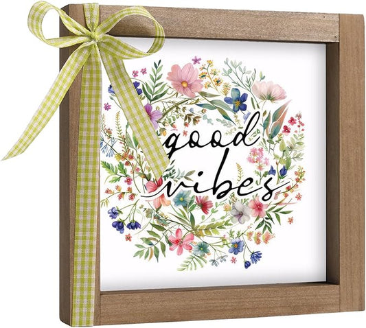 Wooden Good Vibes Sign with Wreath, 6 Inch Positive Inspirational Office Decor for Women Desk, Rustic Farmhouse Indoor Cubicle Table Shelf Dorm Room Flower Wall Art Aesthetic Home Decorations
