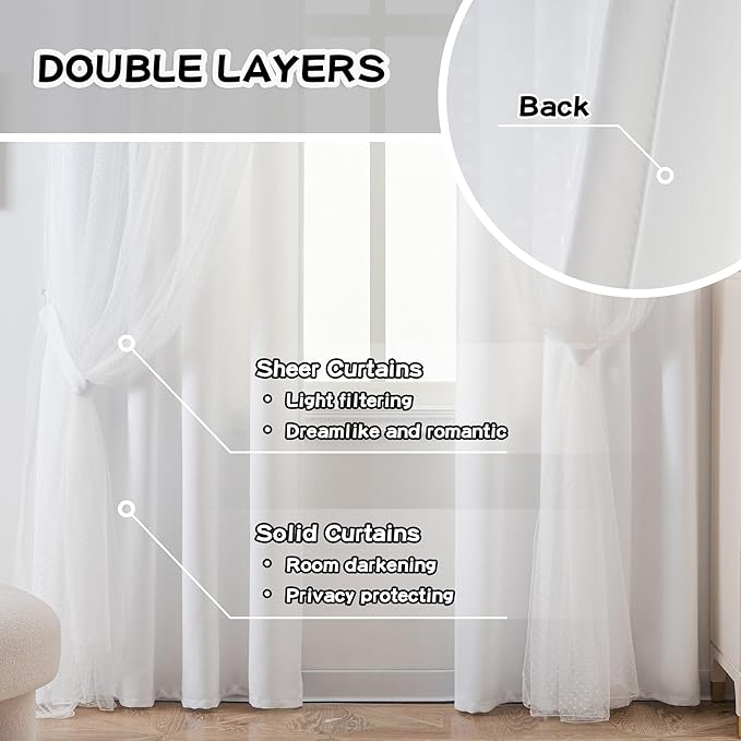 MYSKY HOME White Curtains for Girls Bedroom & Nursery Kids Cute Curtains 63 inch Long Double Layer with Polka Dots Sheer, Grommet Tops, 52" Wide Each Panel, 2 Panels