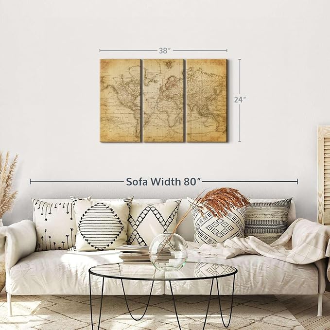 ElephantStock Old Century World Map Wall Art Multi Piece Canvas - 3 Piece Canvas World Map Wall Decor - Ready-to-Hang Print - Vintage Wall Art - 38" X 24"