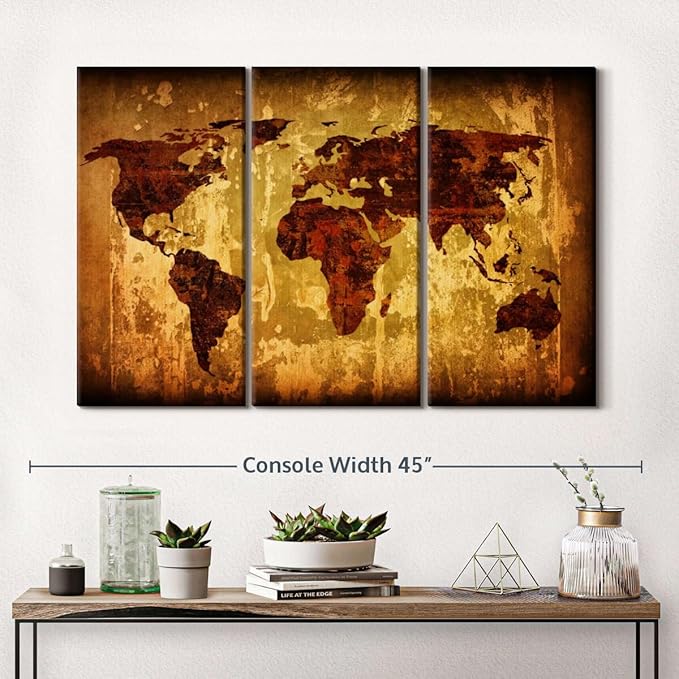 ElephantStock Vintage World Map Wall Art Multi Piece Canvas - 3 Piece Canvas World Map Wall Decor - Wall Decor - Ready-to-Hang Print - Vintage Wall Art - 38" X 24"