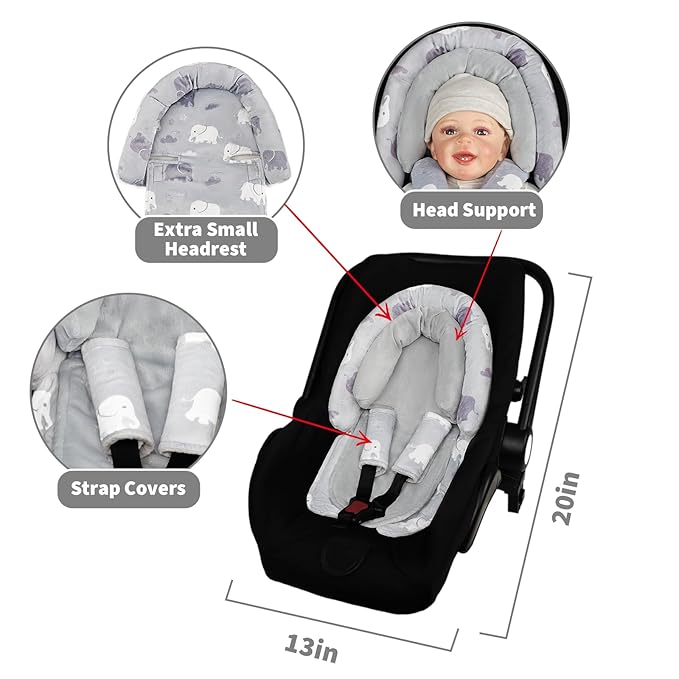 Baby Car Seat Head Support with Extra Headrest, 2-in-1 Babybody Supports with Shoulder Pads Set for Newborn, Adjustable Infant Car Seat Insert Compatible with Stroller, Baby Swing, (Grey Elephant)