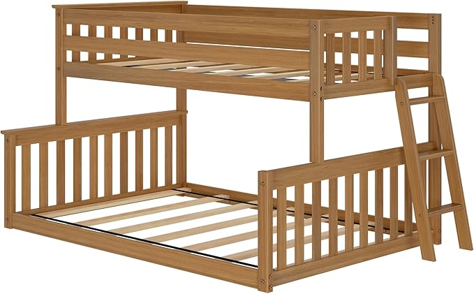 Twin Over Full Low Bunk with Angled Ladder on End, Pecan