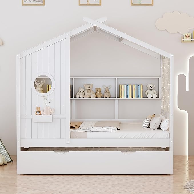Bellemave Full Size House Bed Frame with Trundle for Kids,Full Kids Bed Frame with Bookshelves,Solid Wood House Bed for Girls,Boys,Can be Decorated,White