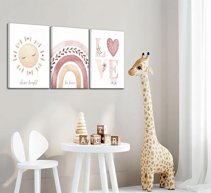3 Pcs Nursery Canvas Wall Art Pink Sun Rainbow Hearts Posters Prints Boho Kids Room Pictures Wall Decor for Toddlers Children Baby Girl Bedroom Home Decoration