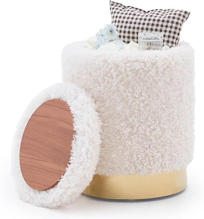 Mxfurhawa Velvet Storage Ottoman Multipurpose Footrest Stool with Metal Base Modern Round Vanity Stool Chair Ottoman Foot Stools Support 300 lbs Padded Seat for Living Room (White)