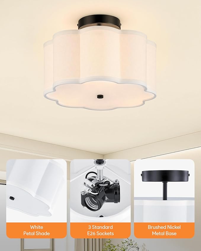 VONLUCE Semi-Flush Mount Ceiling Light, 12.6" Modern 3-Light Ceiling Light Fixture with White Petal-Shaped Shade 3 E26 Sockets for Bedroom Entryway Living Room, Black Finish, ETL Certificated